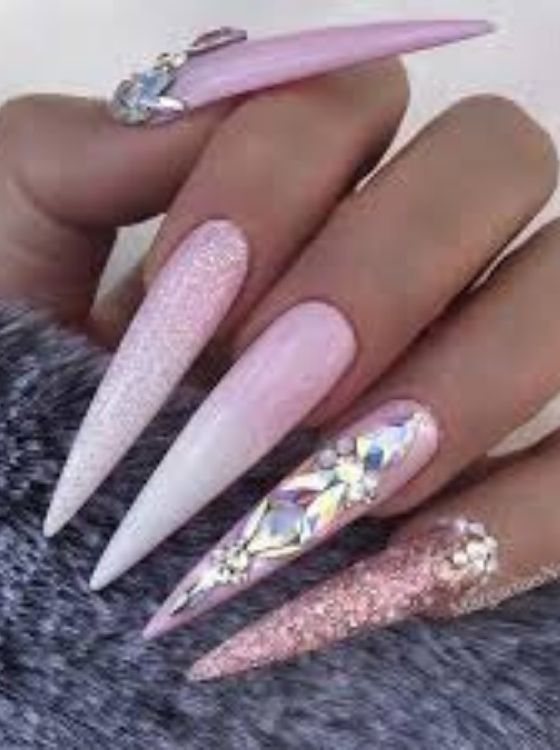 Pink long glitter stiletto nails